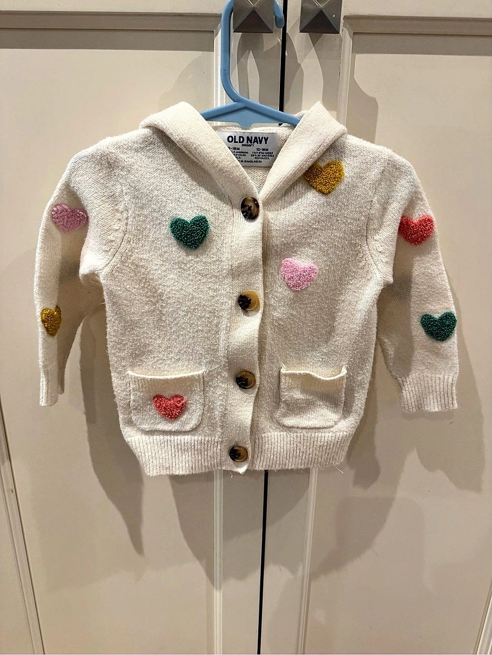 Old Navy Sosoft Heart-Embroidery Cardigan Sweater White & Pink 12-18M